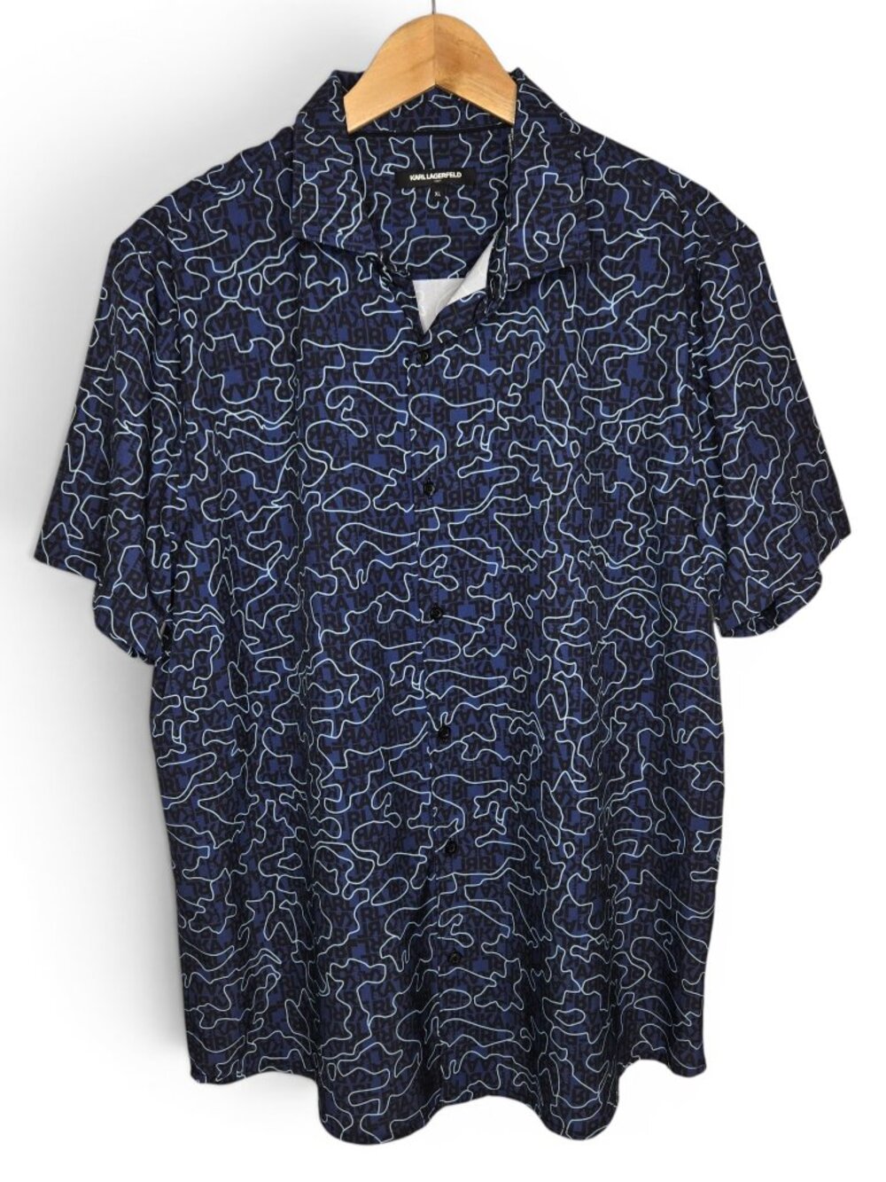 Karl Lagerfeld Performance AOP Button Up Shirt Men Blue Spell Out‎ Stretch XL